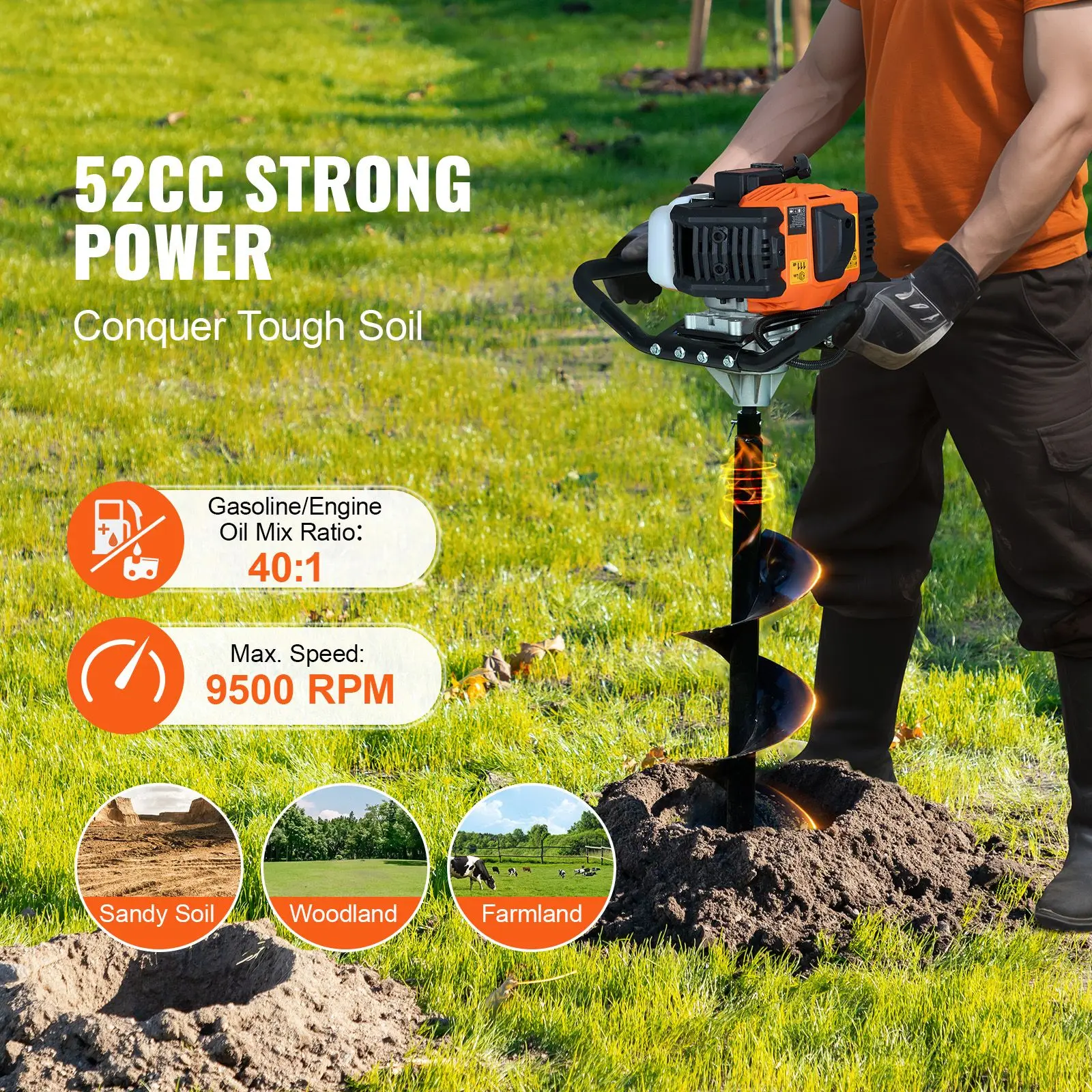 Post Hole Digger Gas Powered, 52CC 1450W Earth Auger, with 8' Drill Action Design Bits & 1 Extension Rod, Fence for Farmland