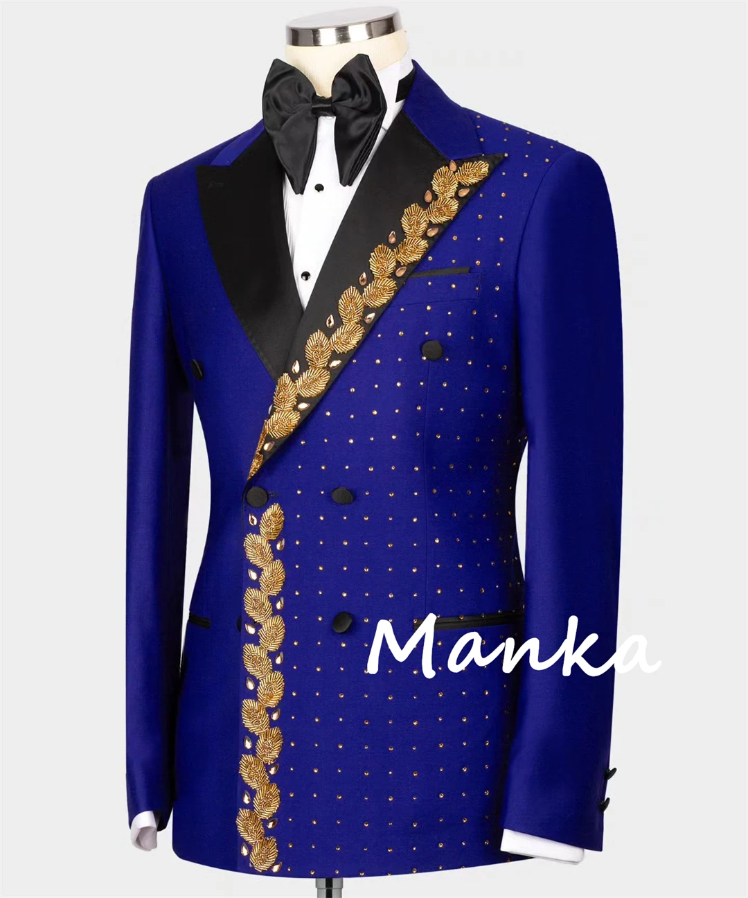 Gold Crystal Beaded Appliques Royal Blue Groom Tuxedo for Wedding Double Breasted 2pcs  Luxury Formal  Prom Party Men's Suits