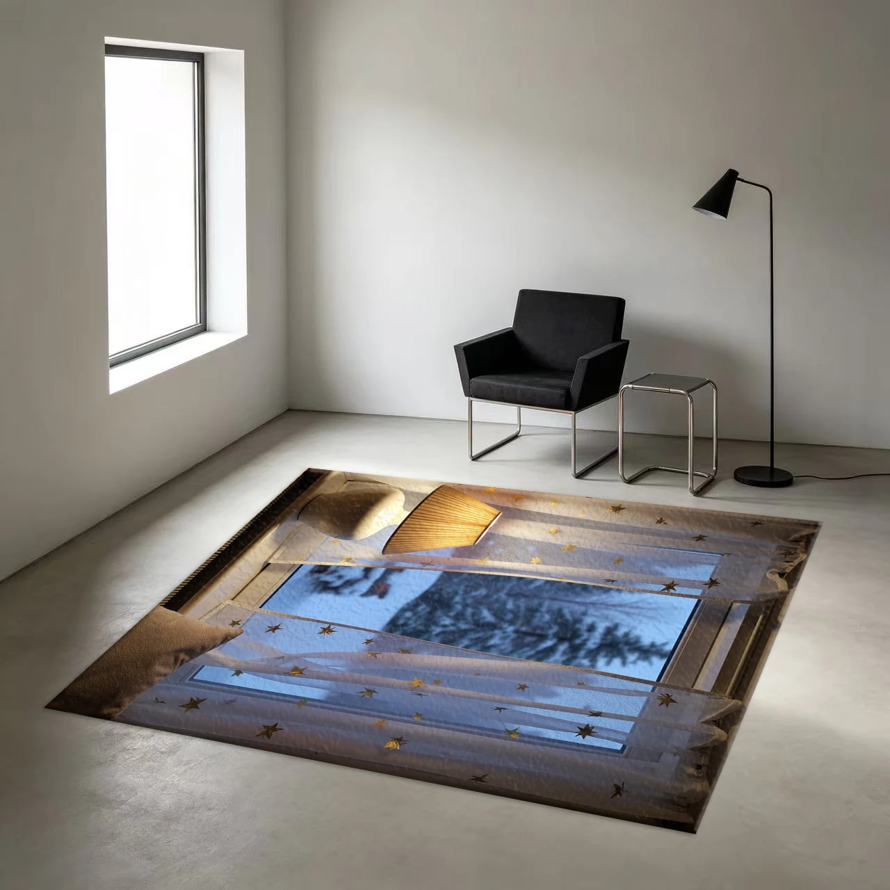 Star Transparent Curtains, Warm Light, Window View, Carpet, Floor, Comfortable Home, Non-Slip Floor Mat