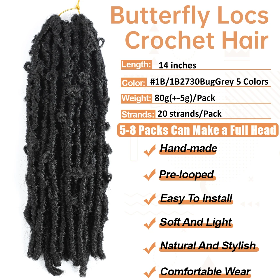 Pré-looped Locs borboleta para mulheres, cabelo de crochê, afligido Faux Locs, tranças, cabelo macio bagunçado, 14 pol