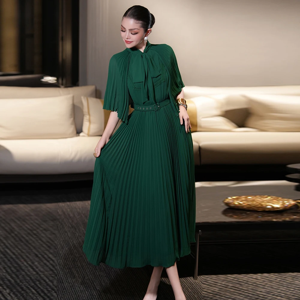 

ZJYT Elegant Cloak Sleeves Green Chiffon Long Dresses for Women Bow Collar Runway Fashion Vacation Party Dress Female Vestidos