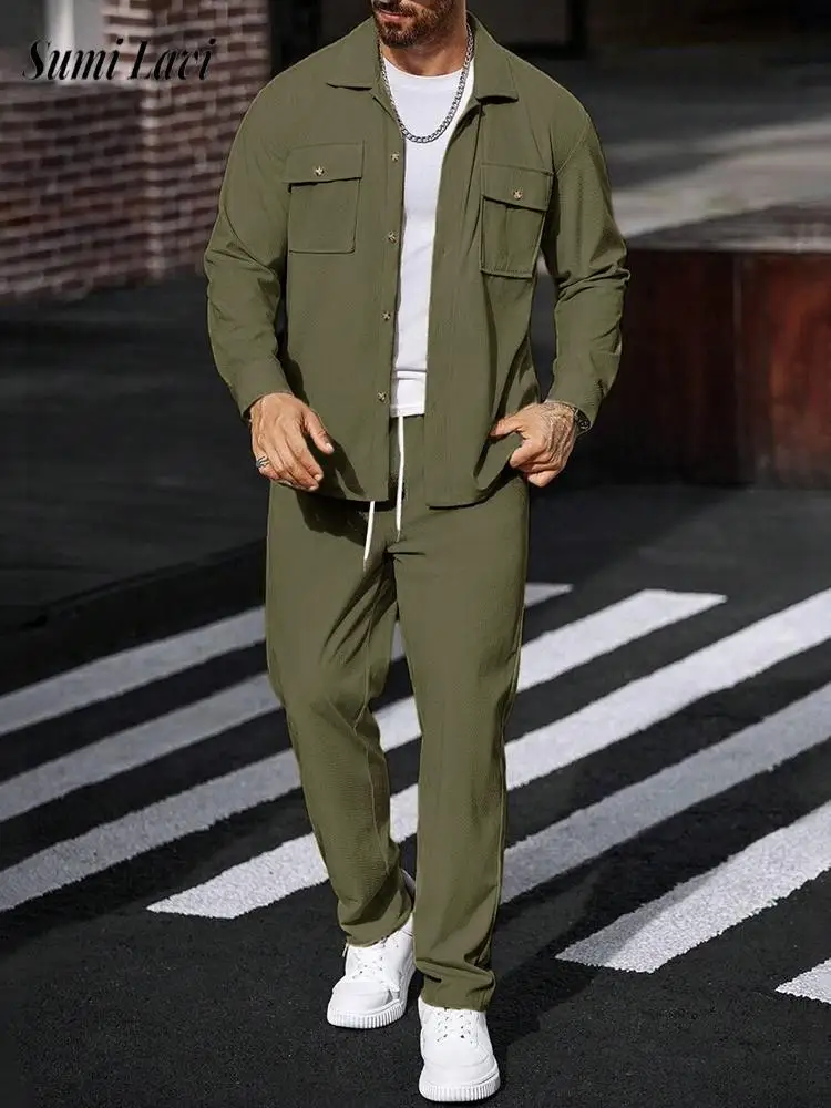 

New Casual Solid Color Tracksuits For Mens Autumn Streetwear Two Piece Outfit Men Spring Stylish Buttoned Jacket & Pants Sets