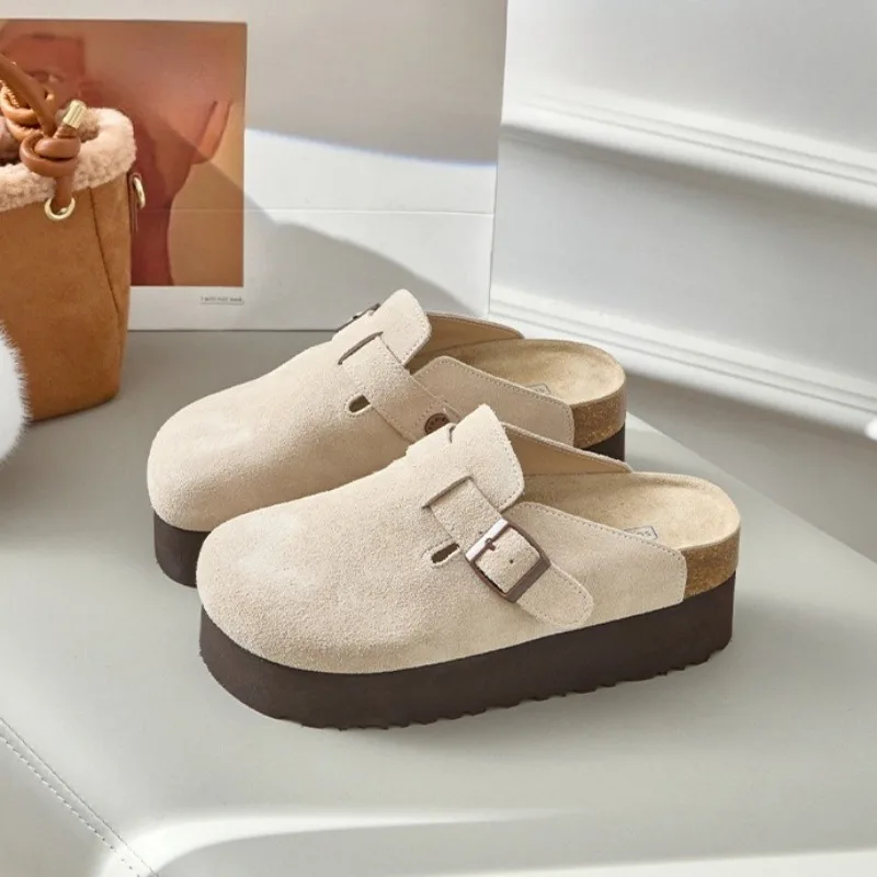 

7CM Women Shoes Retro Genuine Leather Platform Muller Slippers for Woman Fashion Baotou Casual Shoe Designer Shoes Zapatos Mujer