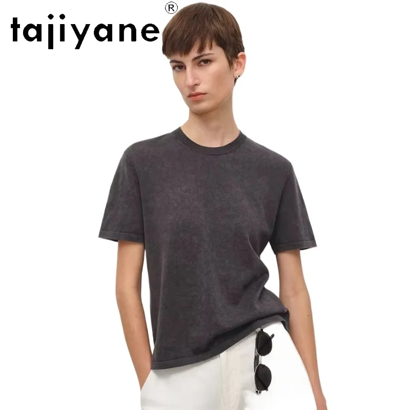 TAJIYANE 100% Cotton Women T Shirts Fashion Graphite Grey T-Shirt Washed Vintage O-Neck Summer Tops 2026 Woman Clothes футболка