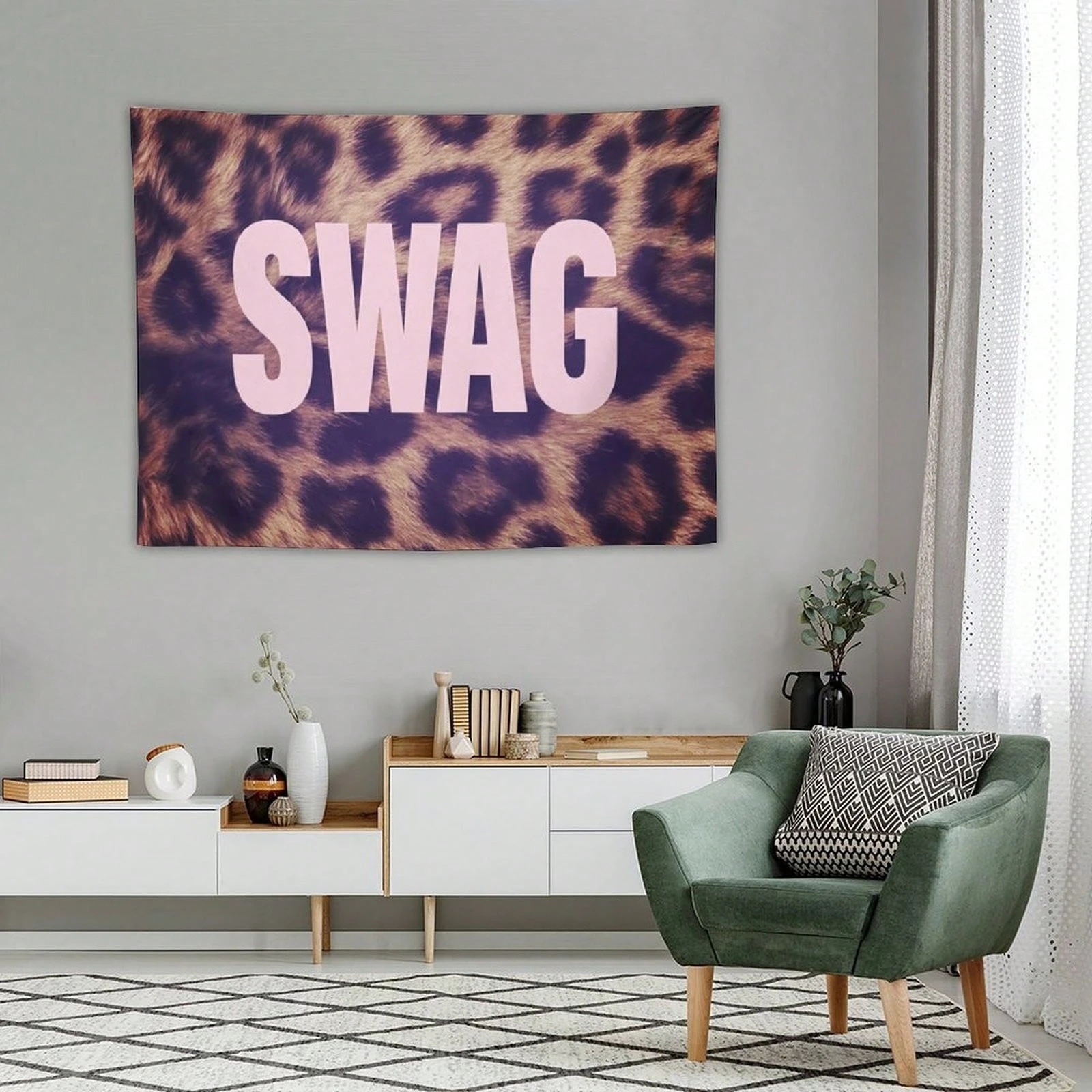 Leopard Print Pink SWAG Slogan Tapestry Bedroom Wall Hanging Fabric Living Room Home Dorm Decor Art Home Decor