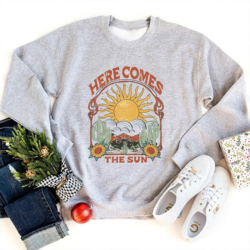 Autumn  Winter Women Hippie Boho Long Sleeve Hoodies Here Comes the Sun Retro Graphic Sweatshirt Vintage Aesthetic Clothes