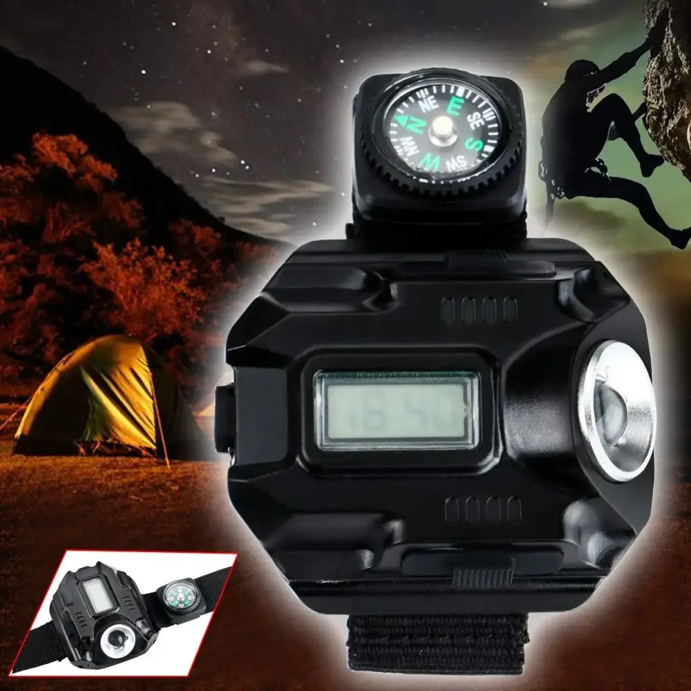 NEW Powerful led Flashlight Tactical LED Display Rechargeable Wrist Watch Flashlight Waterproof Torch With clock mini-compass
