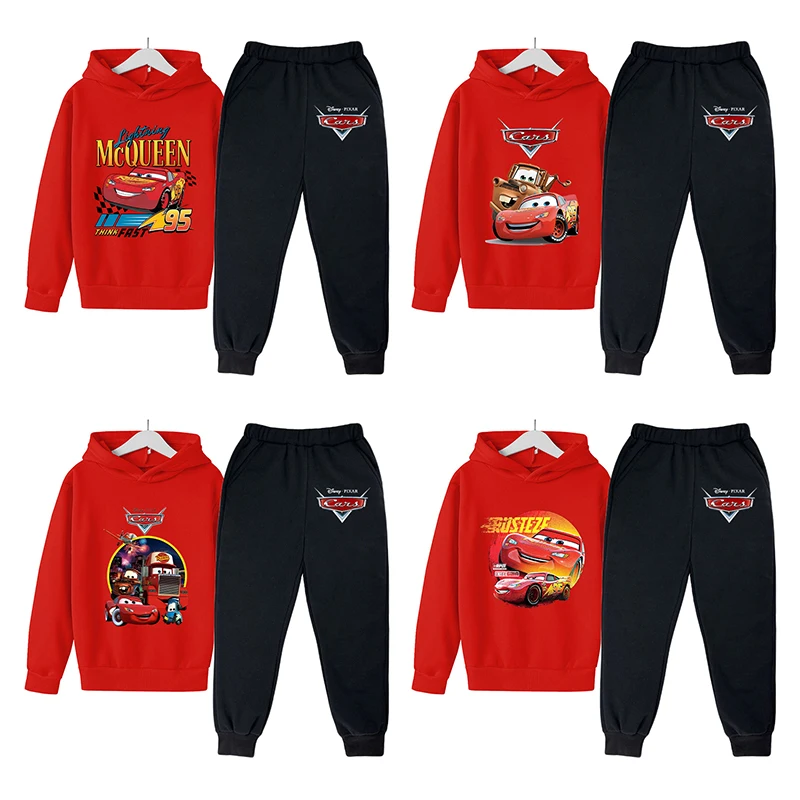 

Lightning McQueen Hoodie Sweatshirt Pants 2pcs Set Warm Plush Child's Trendy Jacket Kids Cars Disney Movie Clothes Autumn Winter