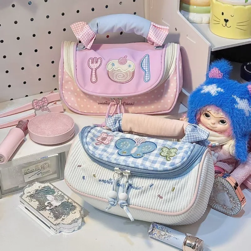 

Cute Macaron Hand-held Pencil Case Cartoon Embroidery Cosmetic Bag Portable Stationery Organizer for Girl Kawaii School Supplies