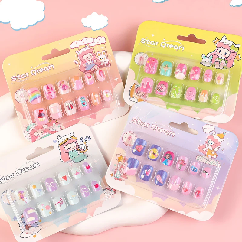 12Pcs Cute Cartoon False Nails Kids Press on Girls Nails Kit Fake Nail Tips Short Square Acrylic Tips Full Cover Stick on Nails