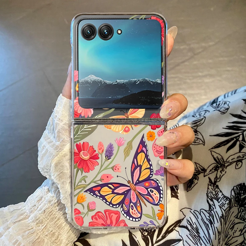 Handyhülle mit Rosenblüten-Schmetterlings-Aufdruck für Motorola Razr 50 Ultra Razr 40 Ultra 50 40, transparente, harte, faltbare, stoßfeste PC-Abdeckung