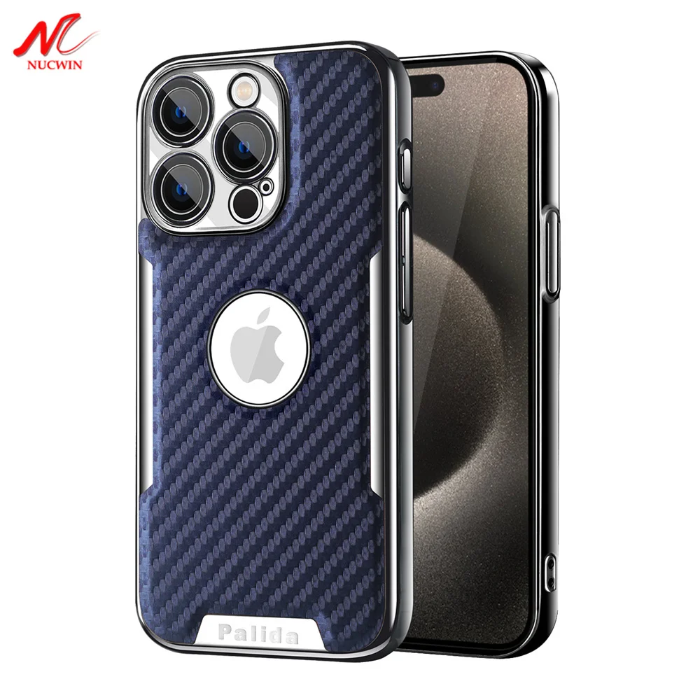 Business Plating Carbon Fiber Case for iPhone 15 Pro Max 14Pro 13Pro Camera Protector PC Leather Cover for iPhone 13 14 Pro Max