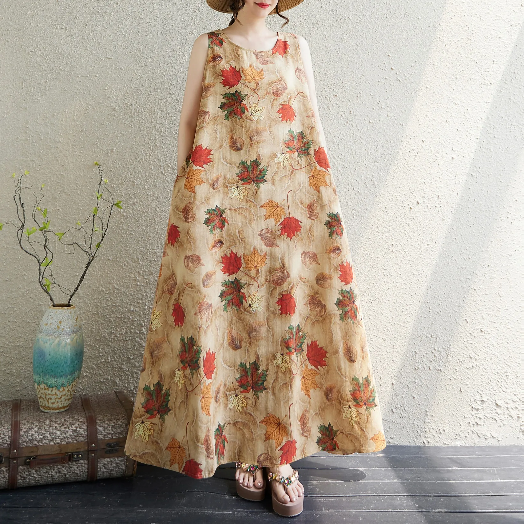 

Bohemian plus Size Long Dress Summer New Style Sleeveless round Neck Print Dress Sweet Style Cotton Citywalk A-Line Skirt