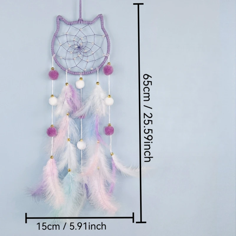 Cat Shaped Dream Catcher, Cute Handmade Pom Wall Hanging Decor for Girls Bedroom Kids Room Nursery, Gift for Women
