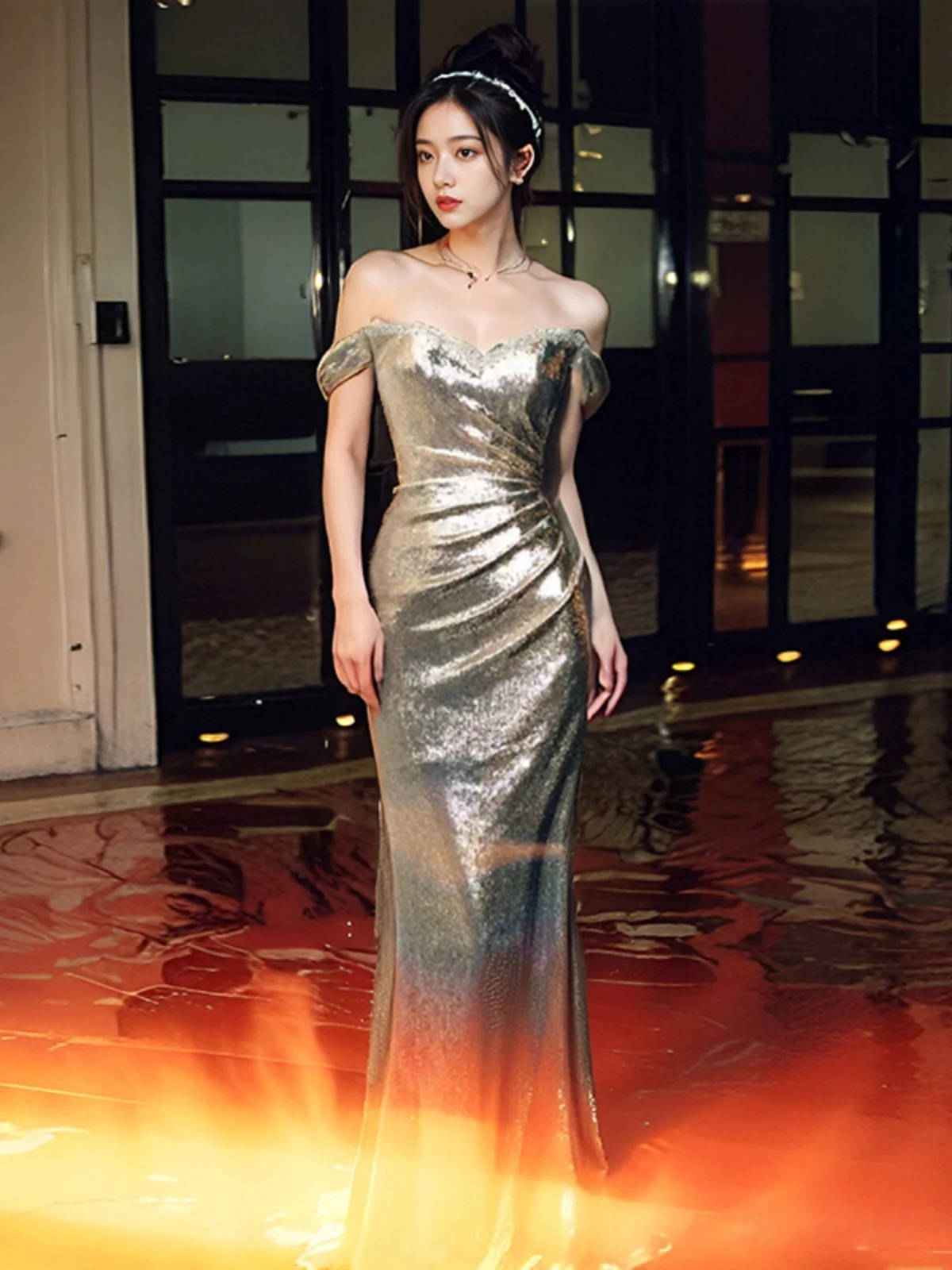 

Ele Silver One-oulder Fi-Tail Evening Gown for aduation Performance Host Wedding Par Celebration Dr