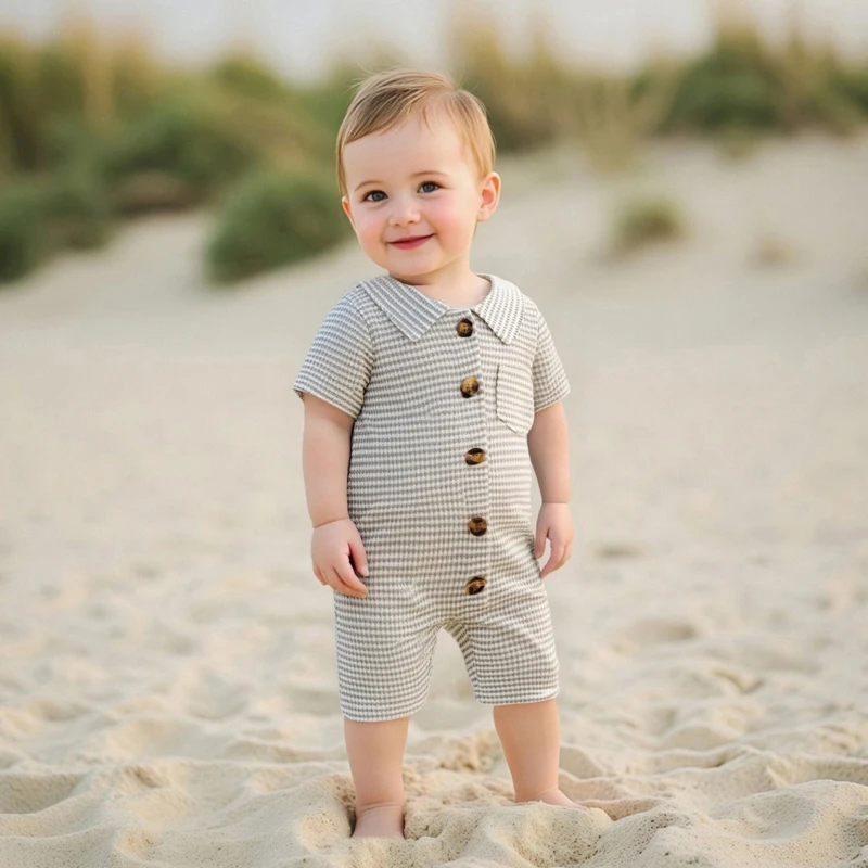 

Летние повседневные комбинезоны для маленьких мальчиков и девочек, полосатые комбинезоны с карманами и короткими рукавами, одежда для новорожденных