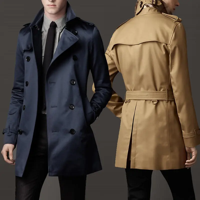 2022 New Men\'s Lapel Trench Coat Double Breasted Slim Fit Jacket Medium and Long Spring and Autumn Thin British Style Business