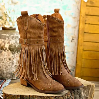 Brand Winter Vintage Western Boots with Fringes Retro Comfy Walking Plus Size 43 Zip-up…
