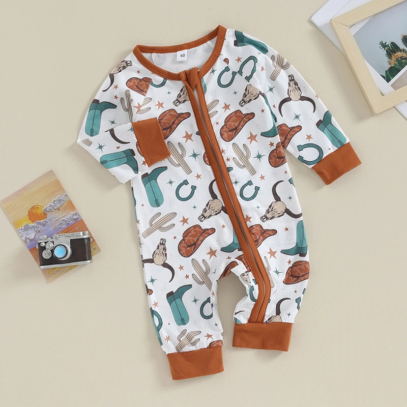 FOCUSNORM 0-12M Autumn Infant Baby Boys Girls Western Jumpsuits 3 Style Cow Head Floral Print Long Sleeve Zipper Romper