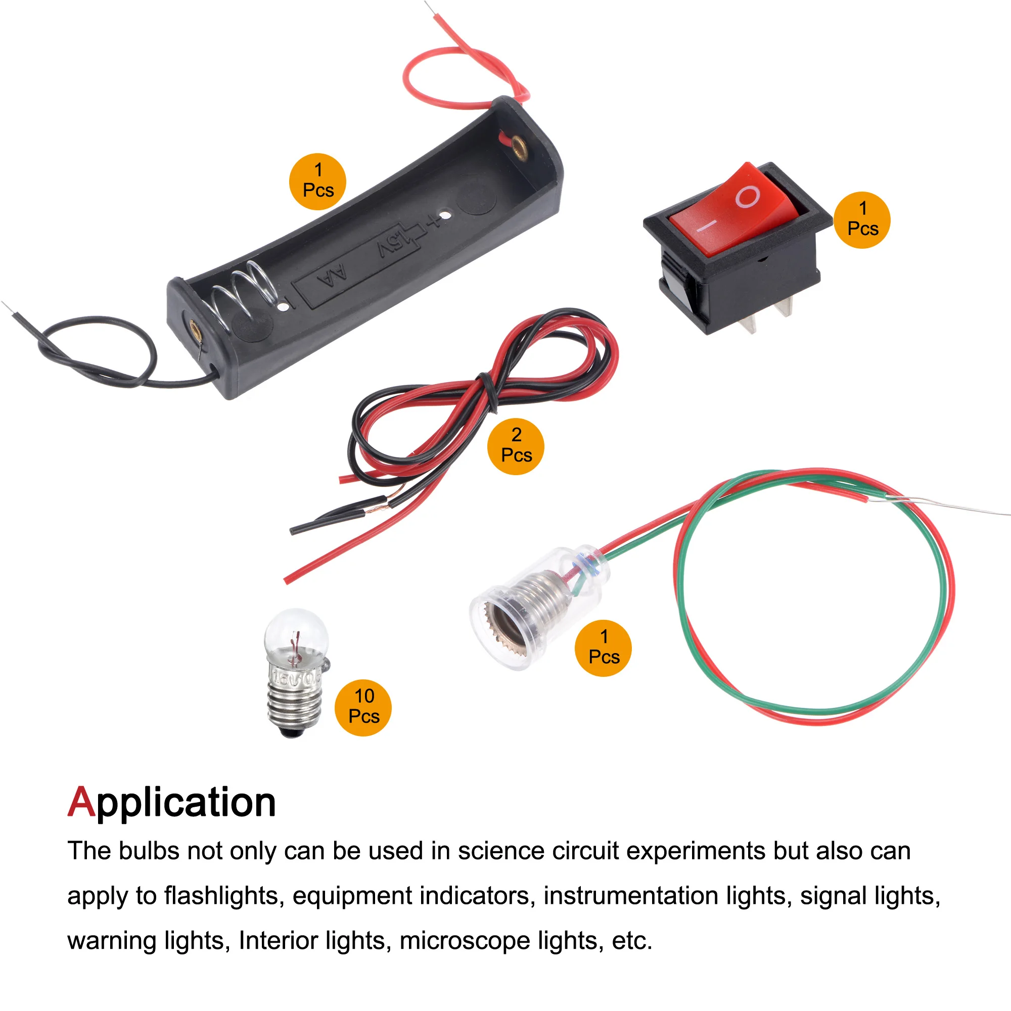 ชุดการทดลองวงจรของ Uxcell 10ชิ้นหลอดไฟ1.5V, 1กล่องแบตเตอรี่/สวิตช์/ที่ยึดโคมไฟ, สายไฟ2เส้น