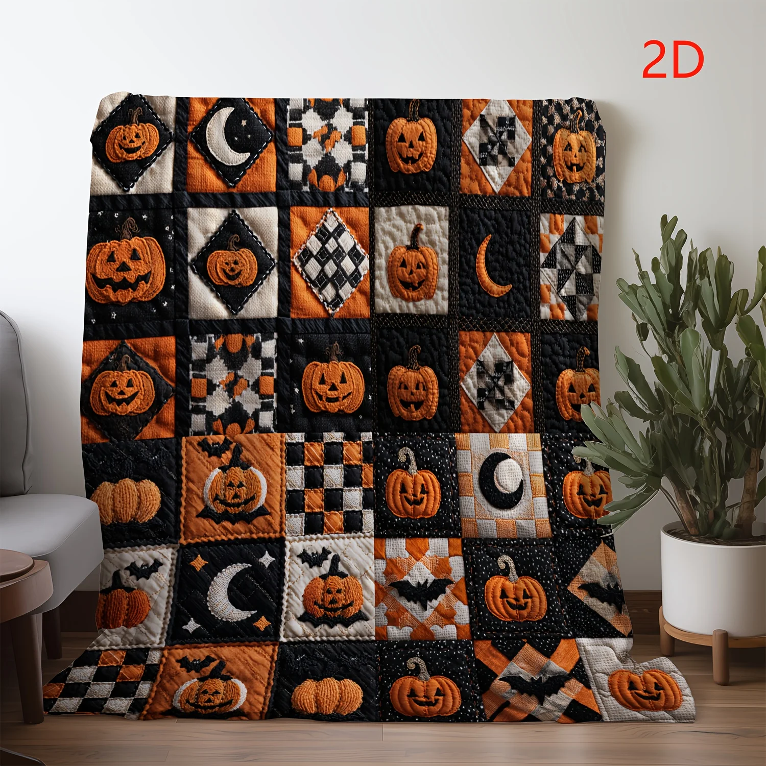 A Flannel Blanket Featuring a Halloween Plaid Pumpkin And Moon Design, Warm And Soft, Perfect for Sofas, Beds, Cars, Offices, Camping, And Travel. This Gift Blanket Is Suitable for All Seasons And Has a 2D Print