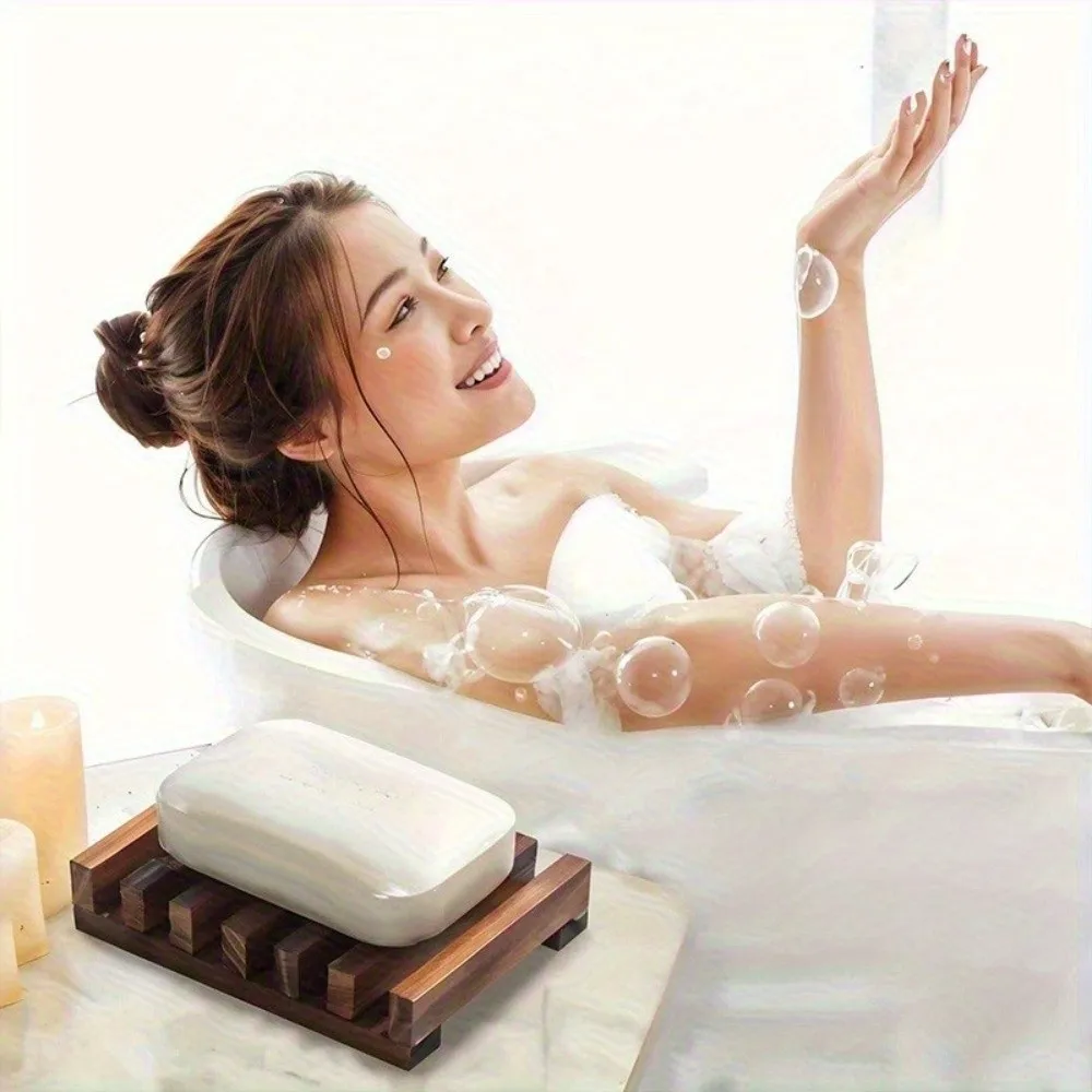 Natural Wood Soap Dish Holder Mildew Resistant with Self-Draining Wooden Soap Dish Tray Drain Rack Soap Box Storage Rack