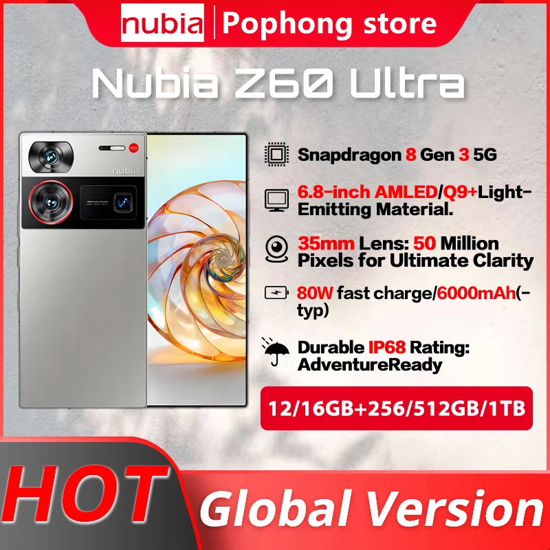 

Global Version 6.8" Nubia Z60 Ultra Q9+ Full Screen Snapdragon 8 Gen 3 6000mAh 80W Charging 5G NFC 64MP 35mm Lens Camera IP68