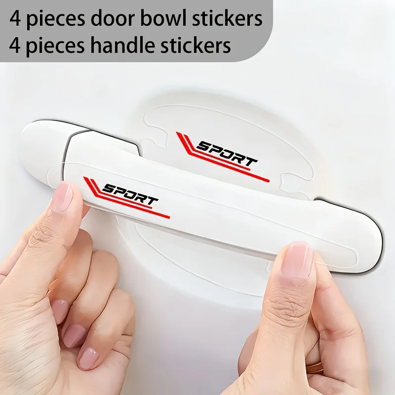 8Pcs/Set Red Accent SPORT Clear Door Cup & Handle Stickers, Waterproof Anti-Scratch PVC Car Decals
