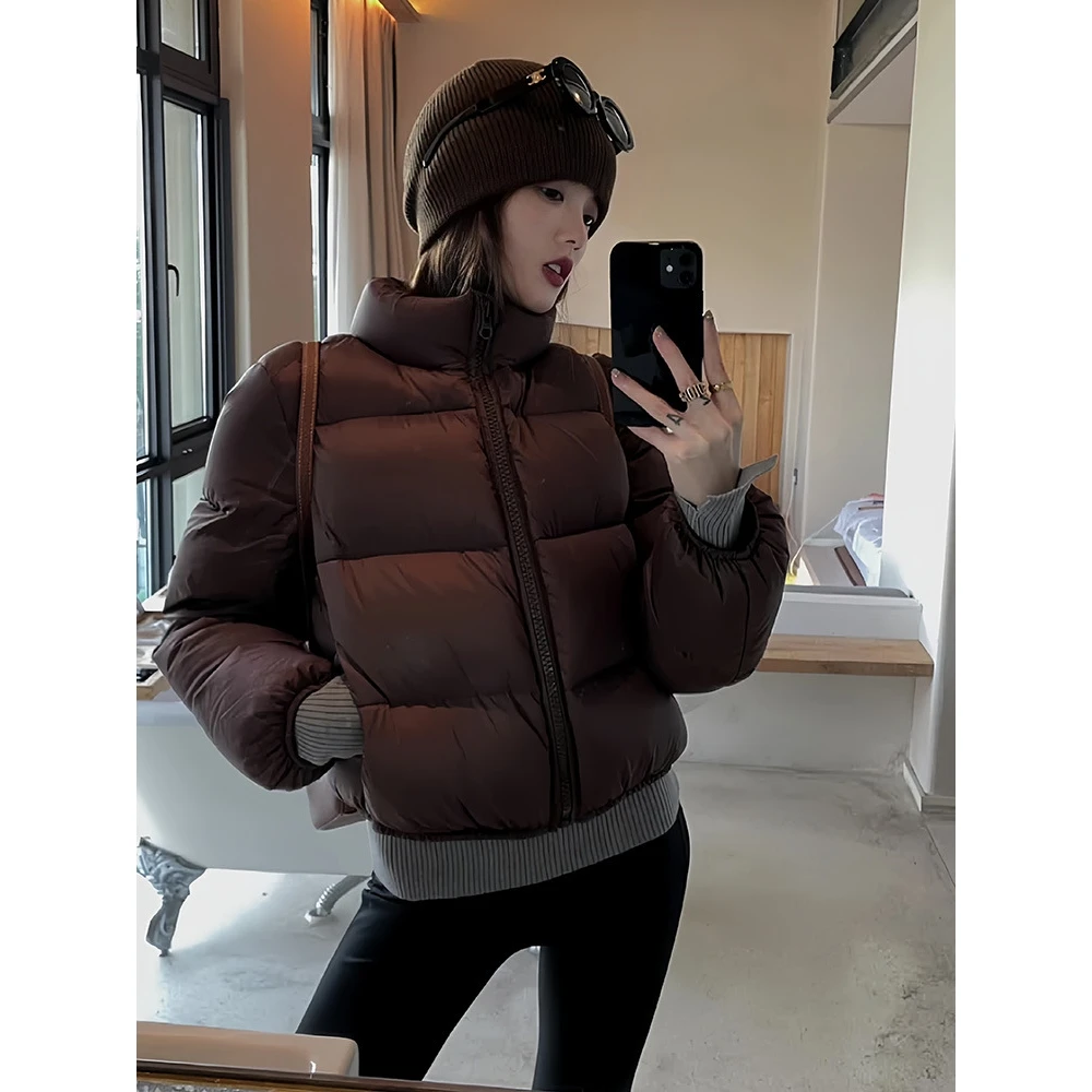 Kendall Jenner Sle ort Puffer Jaet المرأة لون القهوة عالية الخصر الوقوف طوق الخبز الملابس عبر الحدود ألياف البوليستر #3