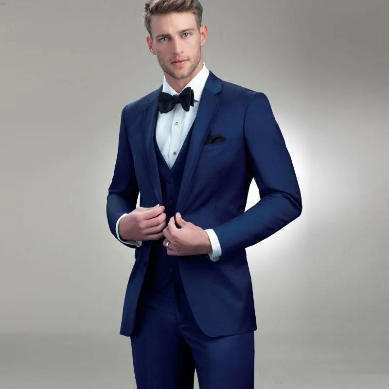 

Dark Navy Men Suit 2 Pieces Business Blazer Pants One Button Solid Color Wedding Groom Formal Work Wear Party Causal Tailored