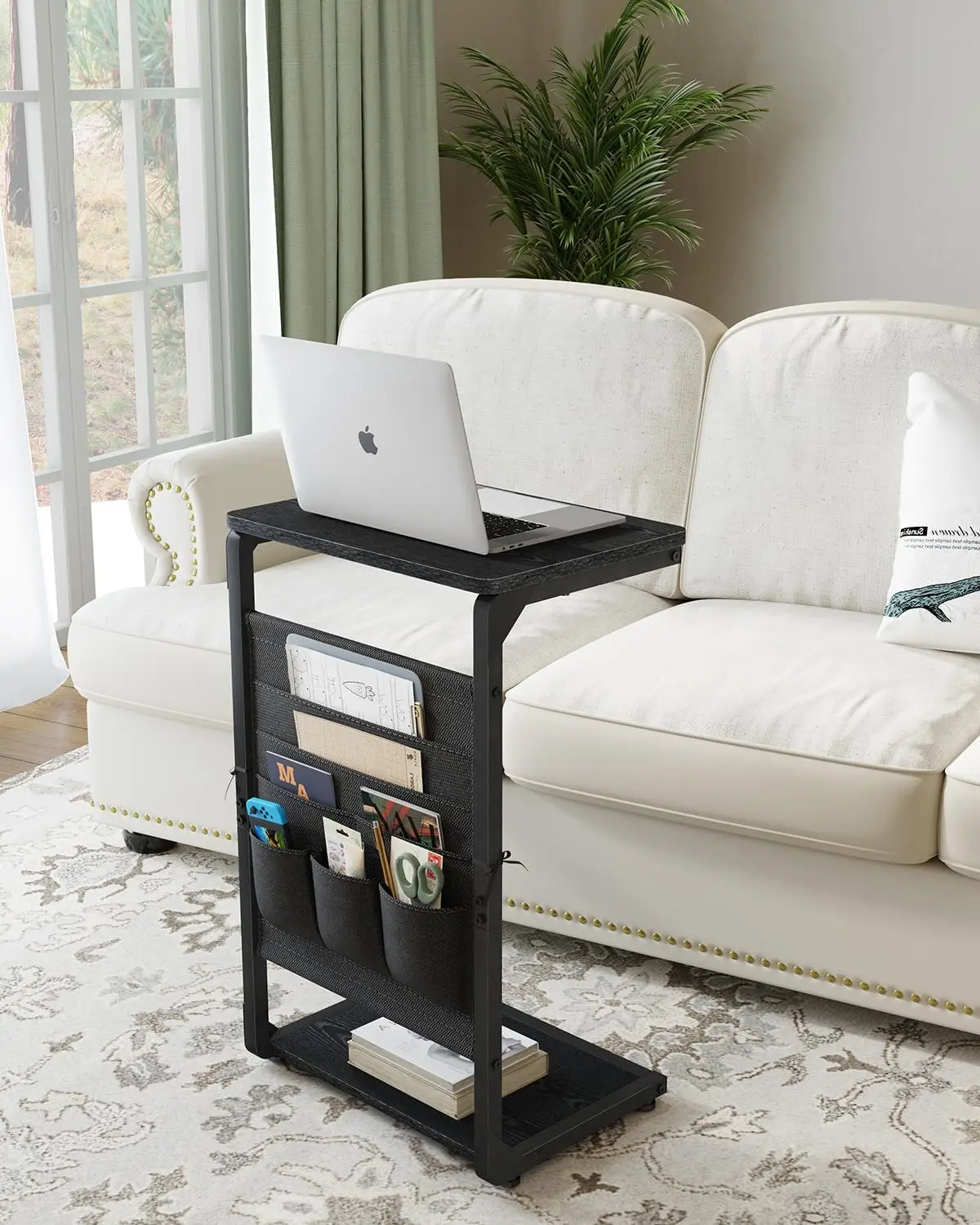 C-Shaped End Table with Storage Bag, Small Sofa Side Table for Living Room or Bedroom