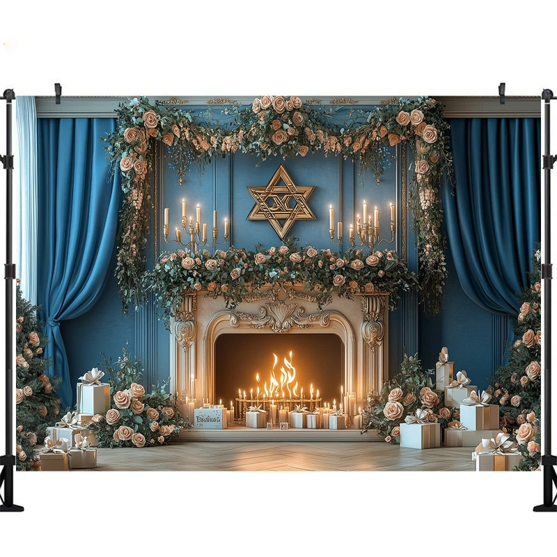 LS Photography Background Christmas Fireplace Blue Curtain Flowers Xmas Tree Kids Family Portrait Decor Backdrop Photo Studio