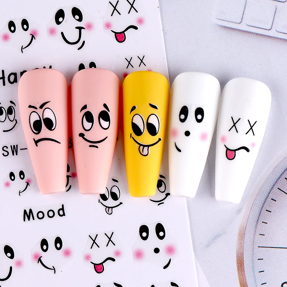 3pcs/set 3D Cartoon Graffiti Style Nail Stickers Kawaii Cute Funny Head Mood Bees Design Decals For Nail Art Manicure Decoration