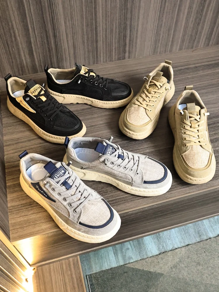 Men's Cotton Linen Slip-On Summer Casual Shoes Breathable Lightweight Soft Bottom Versatile Low Cut round Toe Comfortable