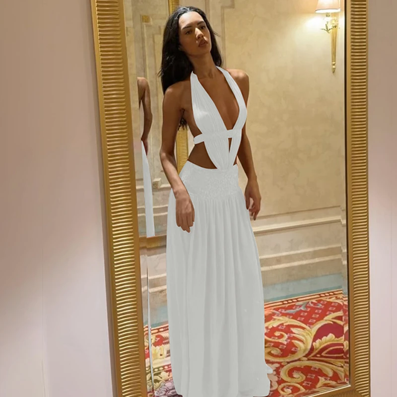 Hugcitar Damenmode, Neckholder, V-Ausschnitt, einfarbig, rückenfrei, gerüscht, mit Schnürung, sexy Maxikleid, Patchwork-Spitze, Sommerkleid, Strandurlaub – Detail 30