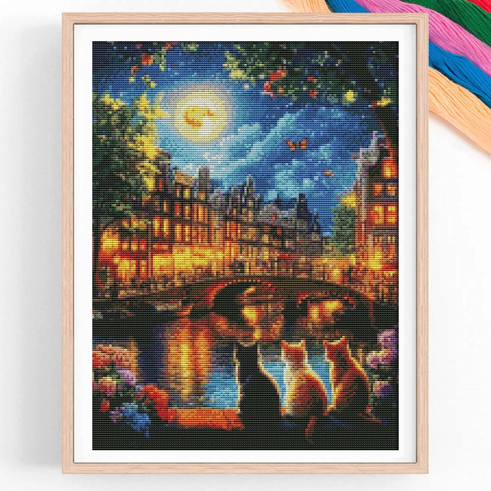 

Landscape Painting Cross Stitch Kit DIY Set Handmade Hand Embroidered Cats Moon River Fashion Decoration Painting