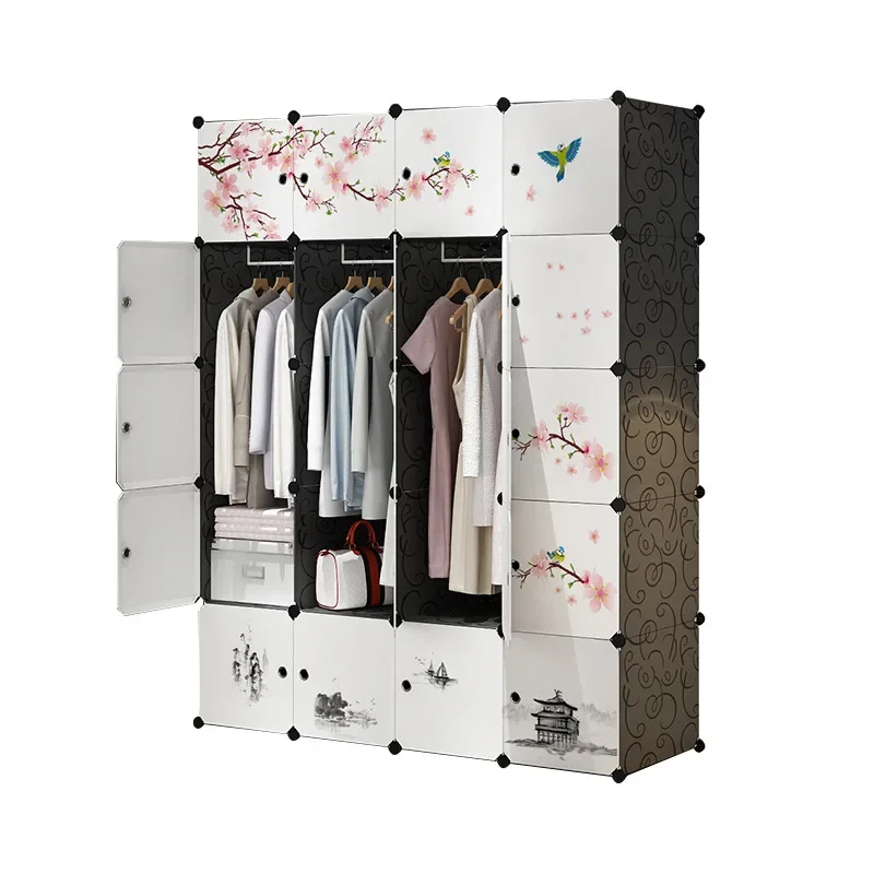 

Simple wardrobe assembly fabric single cabinet bedroom rental imitation solid wood storage hanging plastic cabinets.