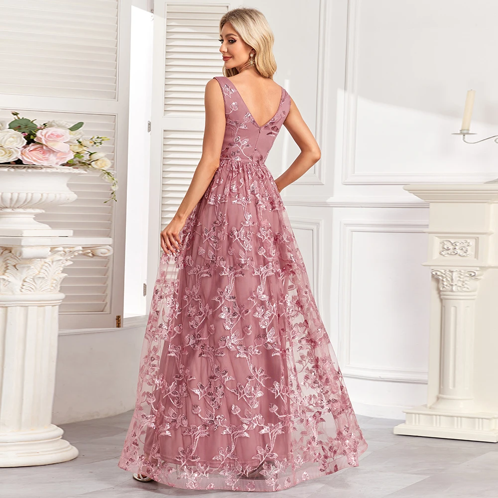 Women V-Neck Sleeveless Sequin Embroidery Evening Dress A-line Pink Birthday Party Dress Formal Ball Gown