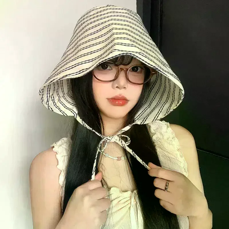 Bucket Hat Wide Brim Floral Pastoral French Striped Lace Up Sun Protection for Outdoor Summer Events