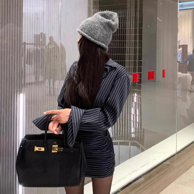 Striped Polo Neck Shirt Long-sleeved Dress Female Temperament Waist-pack Hip Short Skirt