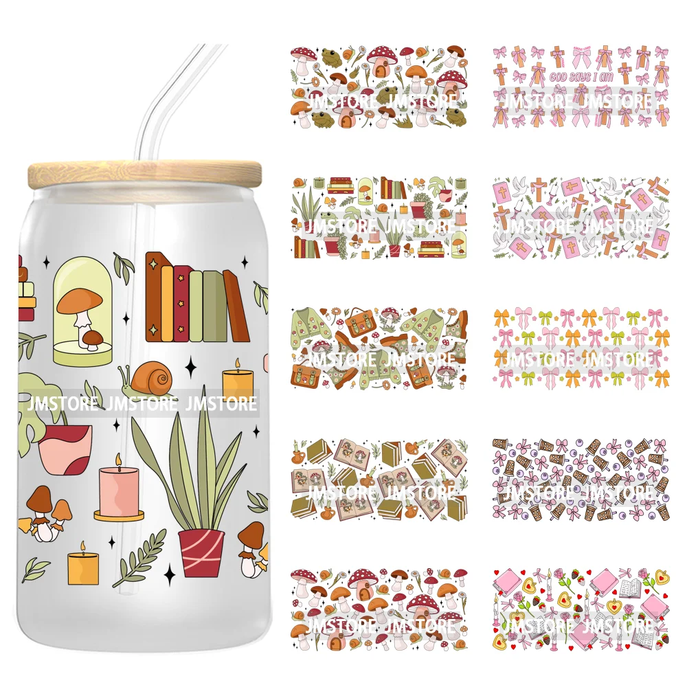 Coquette Bows Girly Bookish Mushroom Positive Vibes UV DTF Cup Wrap Ready To Apply Transfer Stickers For 16OZ Libbey Glass Can
