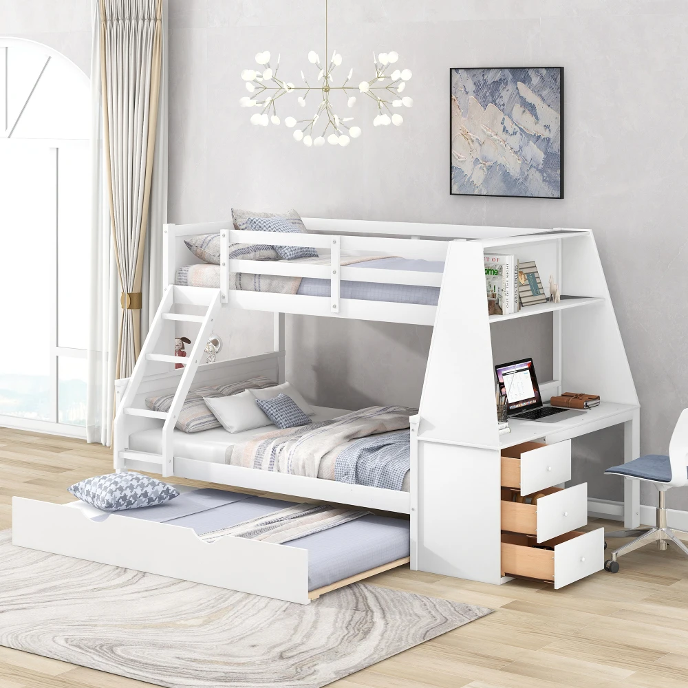 

Twin over Full Bunk Bed with Trundle and Built-in Desk, Three Storage Drawers and Shelf,White