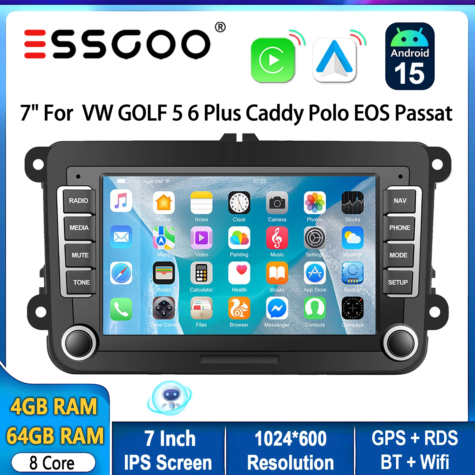 7-Zoll Android 14 64GB für VW Golf 5 6 Passat Polo 6R Touran Tiguan Caddy EOS Jetta Seat Skoda Carplay Autoradio GPS NAV RDS FM BT SWC