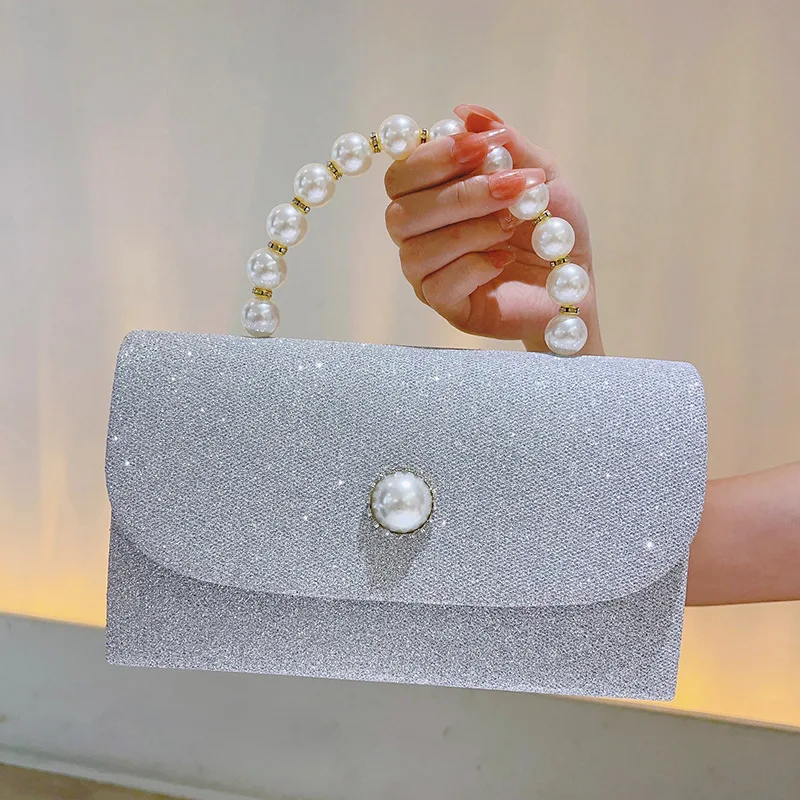 

Ladies Pearl Top Handle Evening Bag, Silver Glitter Shoulder Purse, Small Vintage Flap Handbag for Wedding Party and Dinner