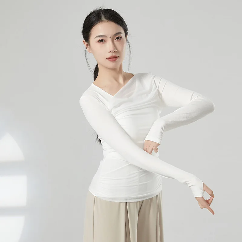 Modern Line Dance Top Women Long Thumb Finger Sleeve Training Tops Spliced Pleated Mesh Blouse Performance Costume Stage Clothes