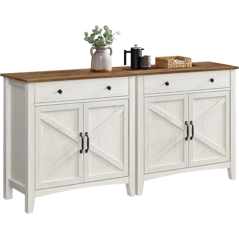 Buffet Cabinet Set of 2, Sideboard Cabinets with Storage and Drawer, with Doors, Height Adjustable Shelf, Farmhouse Style