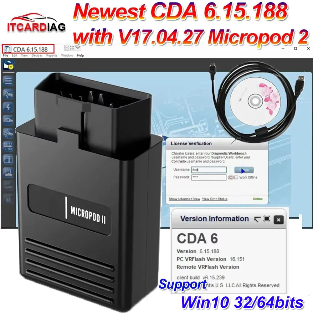 

NEW CDA6 CDA 6.15.188 Work with MicroPod 2 MicroPod2 Scanner EDITING for DODGE/CHRYSLER/JEEP Support Win10 32/64 Bits One Laptop