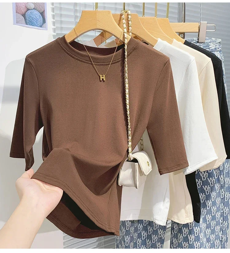 zjaiss 2026 Frühling Herbst Baumwolle Damen T-Shirt Modisches Basic Rundhals-Shirt Einfarbiges Damen Kurzarm-Oberteil – Detail 9
