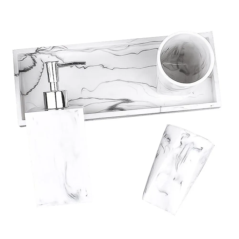 

1Set Marble Look Resin Bathroom Soap Dispenser Tray Set with 2 Toothbrush Cups Modern Sink Organizer for Kitchen Or Bathroom
