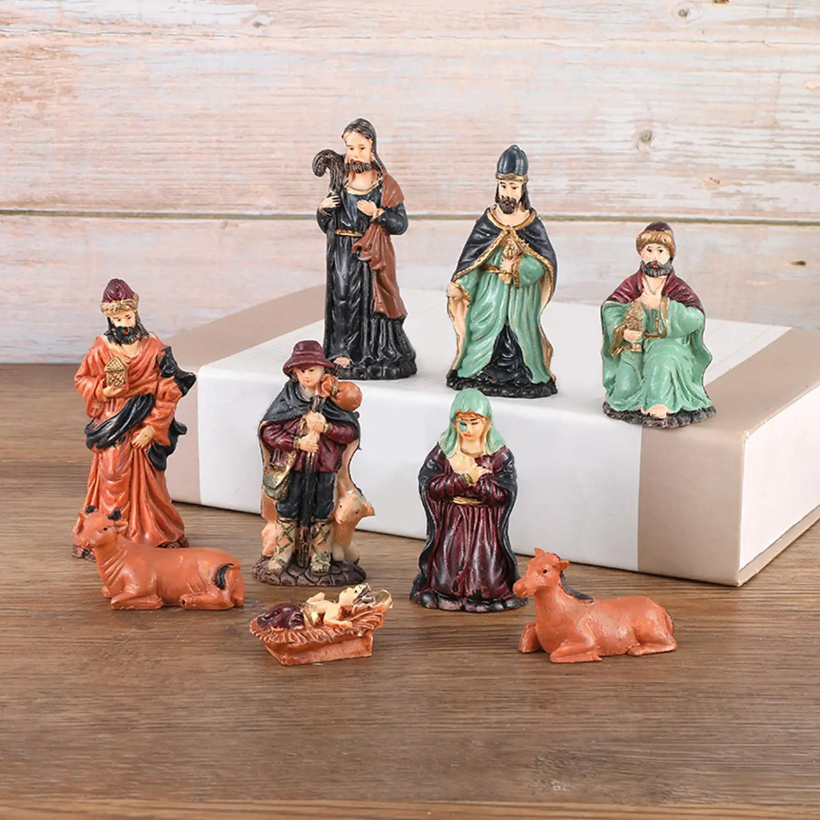 9Pcs Religious Christmas Nativity Scene Crafts Handmade Holiday Season Decor Colourful Xmas Sculpture Ornament Resin Decoration
